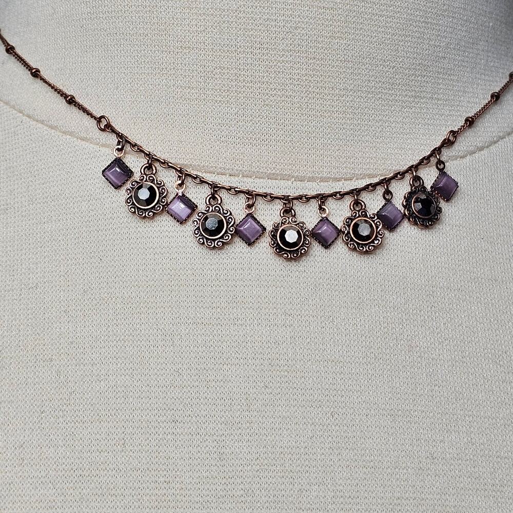 Lia Sophia DEMURE Victorian Inspired Dainty Fringe Necklace Purple Cats Eye